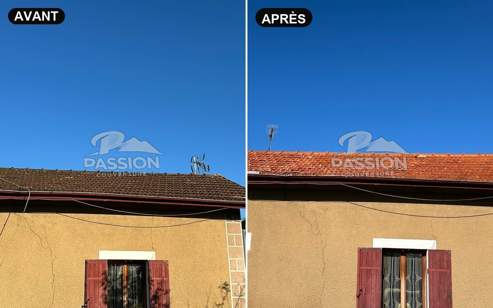 Démoussage et nettoyage d'une toiture en tuiles, avant / après