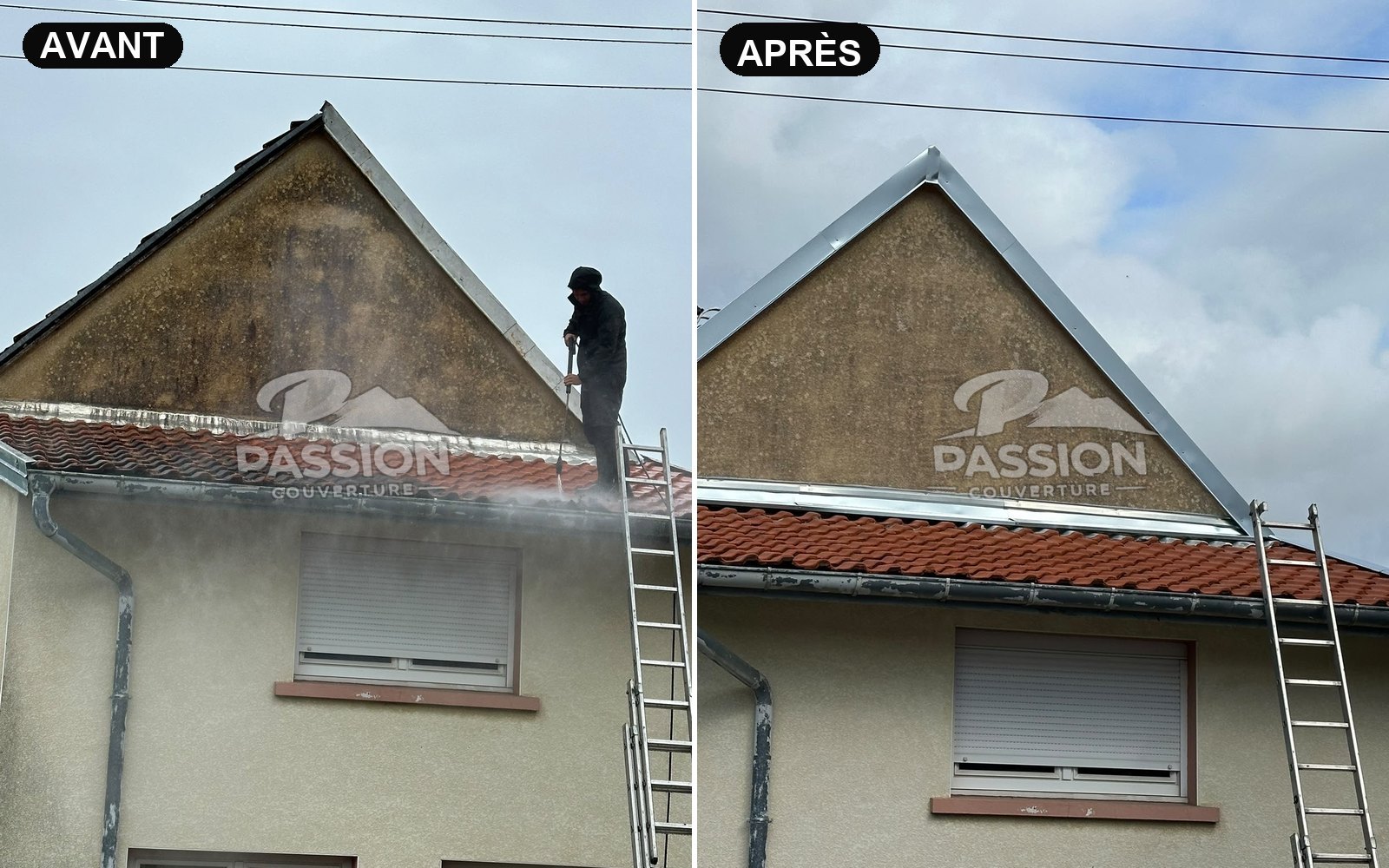 Démoussage d'une toiture et nettoyage du pignon, avant / après